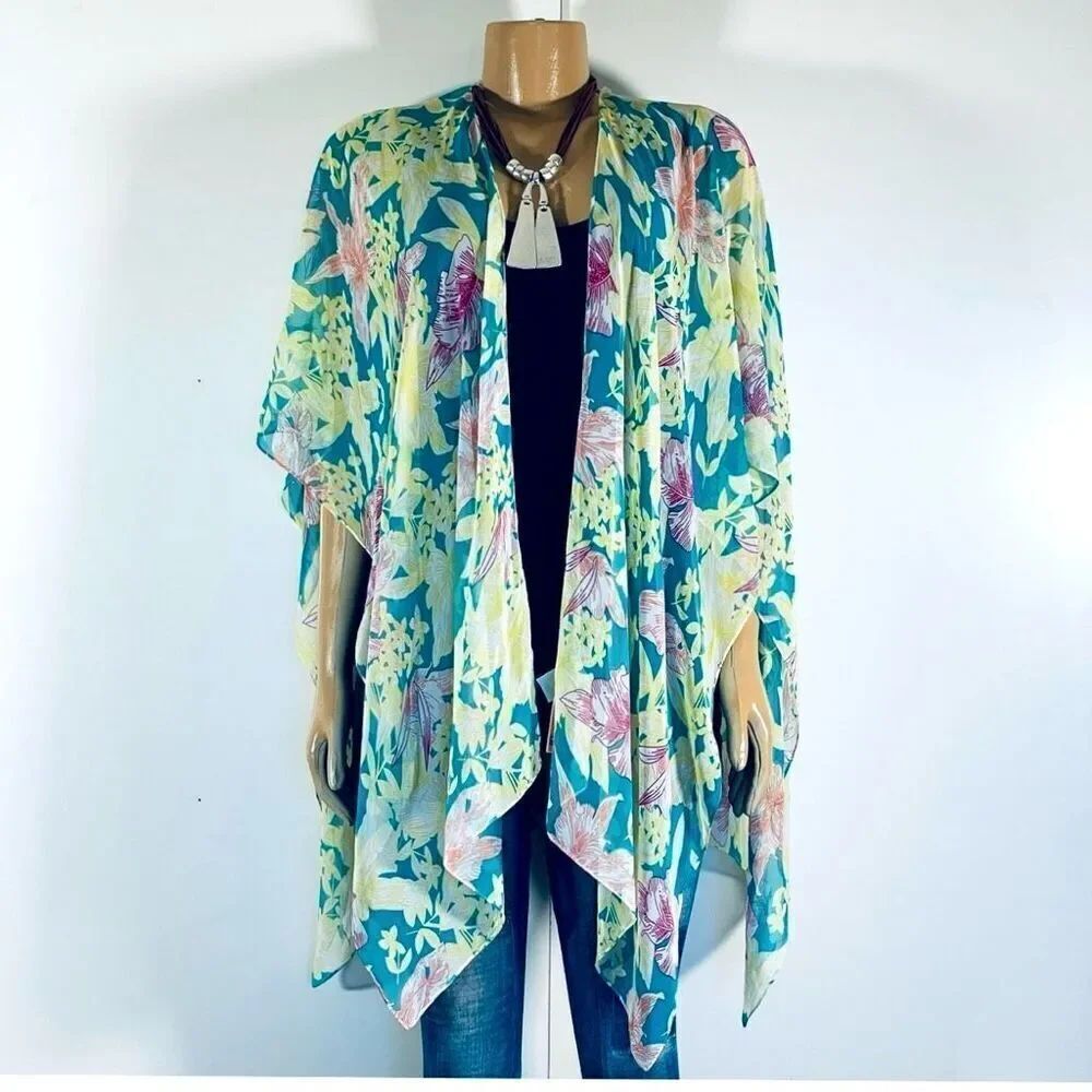 NWT West loop yellow blue pink floral print sheer duster kimono swim cover up